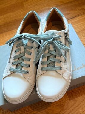 Clarks White Leather Sneakers with Mint Green Accents